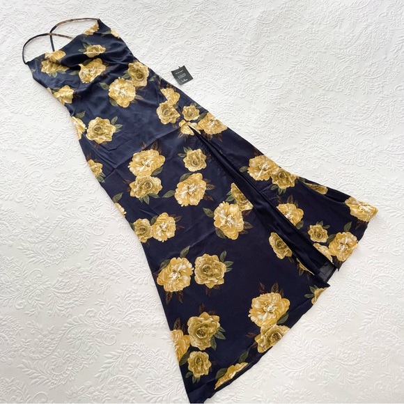 Lulus Sleek Blooms Navy Blue Floral Print Backless Cowl Maxi Dress Small - Picture 2 of 8